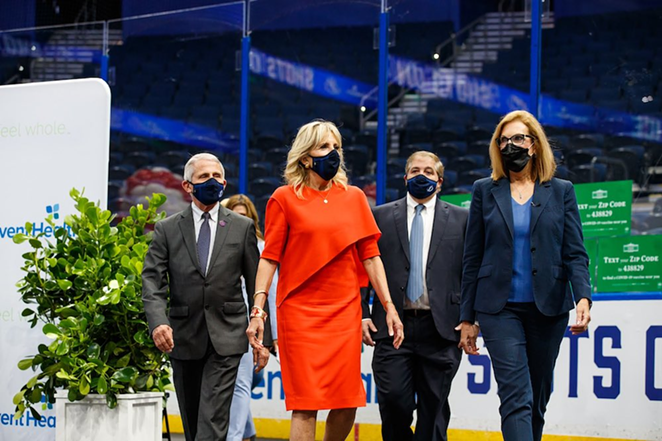 (L-R) Dr. Anthony Fauci, Dr. Jill Biden and Tampa Bay Lightning owner Jeff Vinik at the team's 'Shots on Ice' event at Amalie Arena in Tampa, Florida on June 22, 2021. - Photo via Tampa Bay Lightning/Twitter