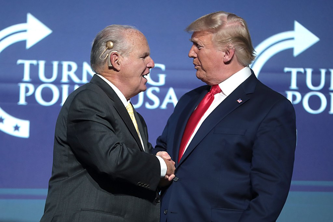 Rush Limbaugh and President of the United States Donald Trump speaking at the 2019 Student Action Summit hosted by Turning Point USA at the Palm Beach County Convention Center in West Palm Beach, Florida. - Gage Skidmore from Surprise, AZ, United States of America, CC BY-SA 2.0 , via Wikimedia Commons