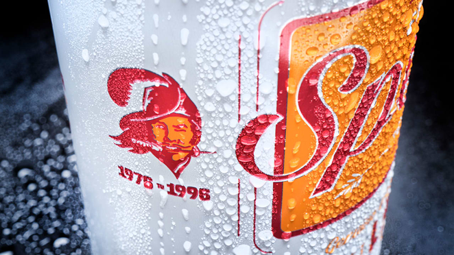 'Florida Special Lager' is packaged in limited-edition, commemorative 16 oz. creamsicle cans complete with the Bucco Bruce logo. - Tampa Bay Buccaneers