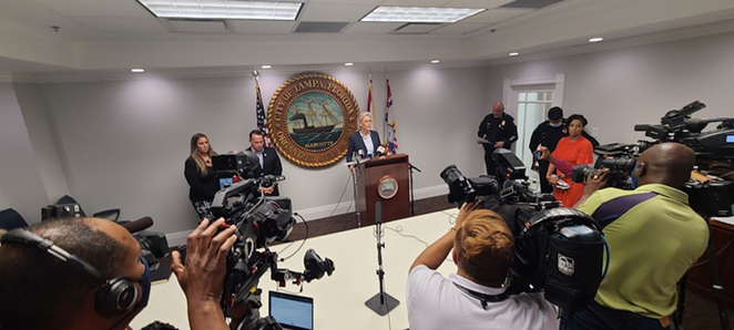 Tampa Mayor Jane Castor addresses reporters at a May 20, 2021 press conference at the Municipal Services building in Tampa, Florida. - RAY ROA