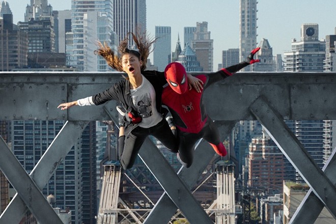 MJ (Zendaya) and Spider-Man jump off a bridge in Columbia Pictures’ 'Spider-Man- No Way Home.' - MATT KENNEDY