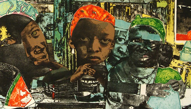 Romare Bearden, The Train (detail), 1975, Photogravure and aquatint, Published by Printmaking Workshop, Ed. of 125, - MUSEUM PURCHASE WITH FUNDS DONATED ANONYMOUSLY