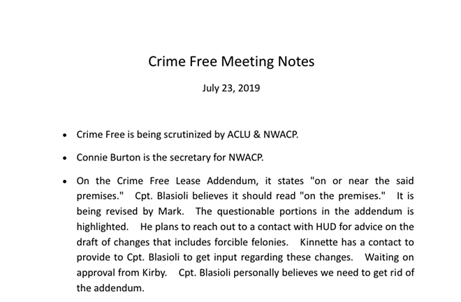 Notes from a TPD meeting on crime free multi-housing, where they referred to the NAACP as the "NWACP." - TAMPA POLICE DEPARTMENT
