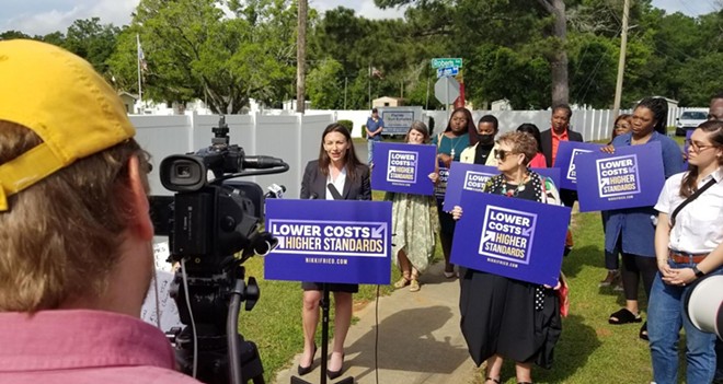 Democratic gubernatorial candidate Nikki Fried discusses affordable housing issues during a campaign stop in Tallahassee. - PHOTO BY JIM TURNER/NSF
