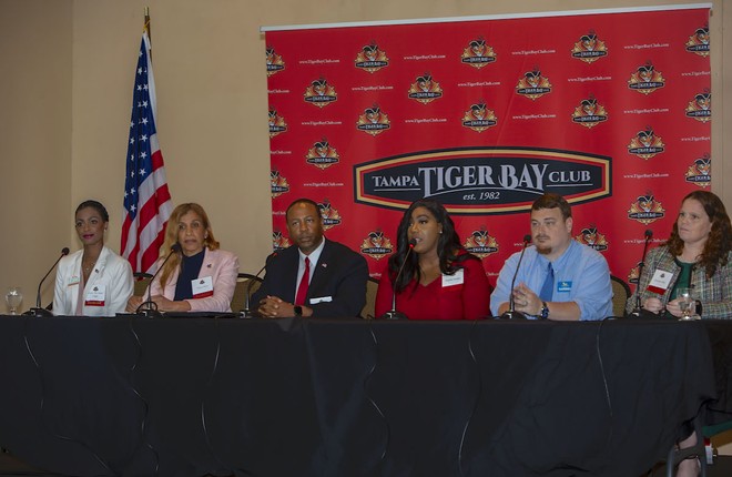 Hillsborough County School Board candidates spoke at a Tampa Tiger Bay political forum. From left to right: Alysha "Aly Marie" Legge, Karen Perez, Roshaun Gendrett, Danielle Smalley, Hunter Gambrell, Damaris Allen - KIMBERLY DEFALCO