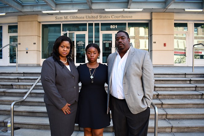 (L-R) Deanna, Deja and Andrew Joseph Jr. outside of the Sam M. Gibbons federal courthouse in Tampa, Florida on Sept. 19, 2022. - Justin Garcia