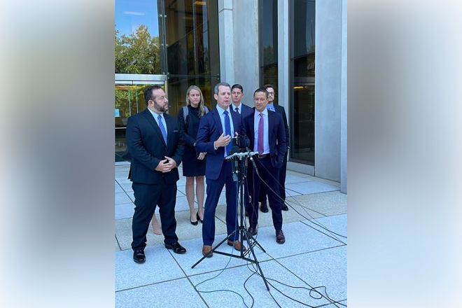 Suspended Hillsborough County State Attorney Andrew Warren addresses reporters after a hearing in a lawsuit aimed at getting his job back. - Photo by Tom Urban/NSF