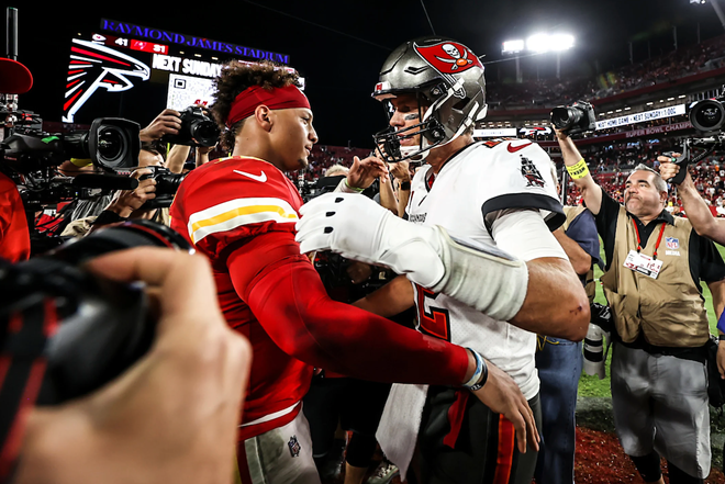Tom Brady (R) and this Bucs offense, at least, looked more in sync, with Brady matching Patrick Mahomes’ three TDs, so that’s encouraging - Tampa Bay Buccaneers