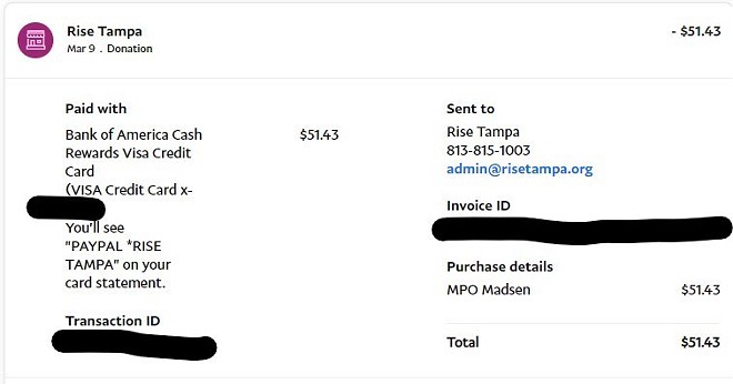 A receipt showing that Shaw Jr. donated to Madsen's memorial fund in 2021. - James Michael Shaw Jr.
