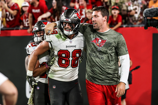 Cade Otton (L) who caught the game-winning touchdown when The Tampa Bay Buccaneers beat the Los Angeles Rams 16-13 at Raymond James Stadium in Tampa, Florida on Nov. 6, 2022. - Photo via Tampa Bay Buccaneers