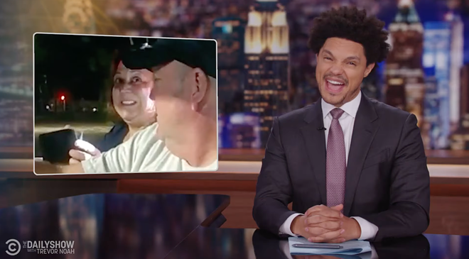 On Monday night, footage of Tampa Police Chief Mary O'Connor made it onto 'The Daily Show' where host Trevor Noah chided the former chief for pulling rank from the passenger seat of a golf cart. - Photo via The Daily Show with Trevor Noah /YouTube (screengrab by Creative Loafing Tampa Bay)