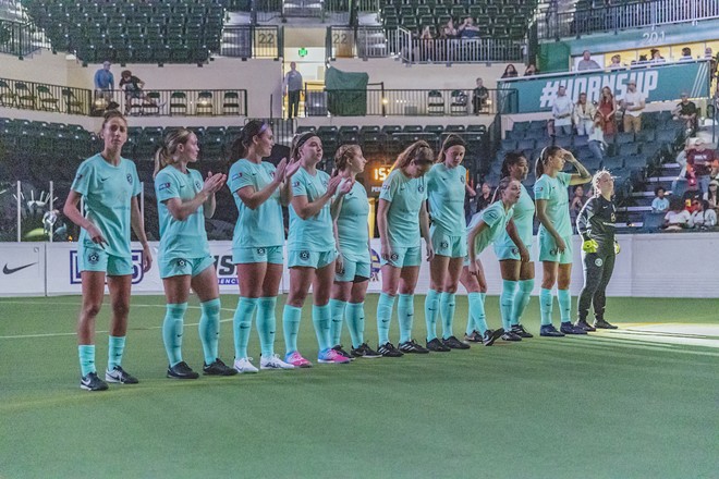 Tampa Bay Strikers women's team before its match against the Columbus Rapids at the Yuengling Center in Tampa, Florida Jan. 29, 2023. - Photo by Matt Austin c/o Tampa Bay Strikers