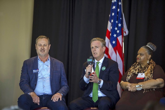 (L-R) Incumbent District 4 Tampa City Councilman Bill Carlson, challenger Blake Casper and District 5 candidate Gwen Henderson during the Tampa Tiger Bay Club at Cuban Club in Ybor City, Florida on Feb. 17, 2023. - Photo by Kimberly Defalco