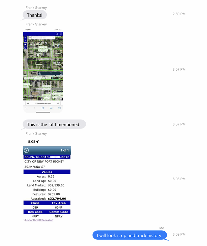 A text exchange between Starkey and Manns. - City of New Port Richey