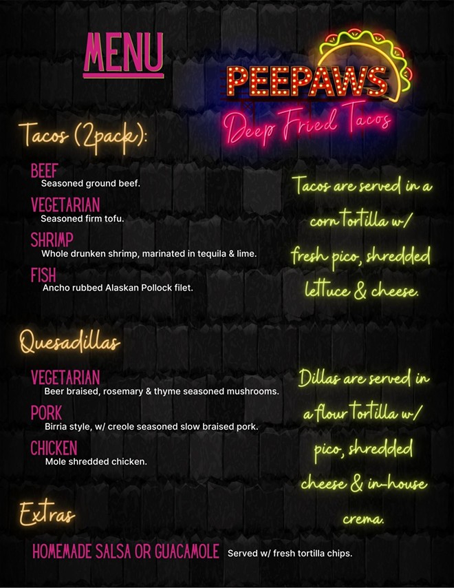 The menu for This Little Pig's "PeePaw's Deep Fried Taco Night" happening Aug. 6, 2023 at Deviant Libation in Tampa, Florida. - c/o This LIttle Pig