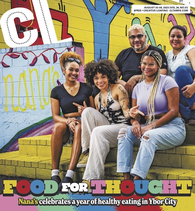 Anisa Mejia (center-front), chef-owner of Nana’s Juice Bar & Restaurant with her team in Ybor City, Florida on July 28, 2023. - Photo by Dave Decker / Design by Joe Frontel