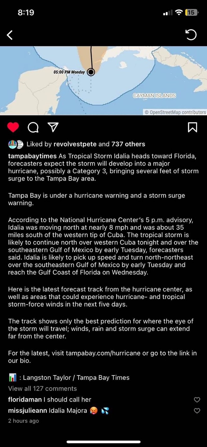 Comments on the Tampa Bay Times' since-deleted hurricussy Instagram post. - Screengrab via missjulieann/Instagram