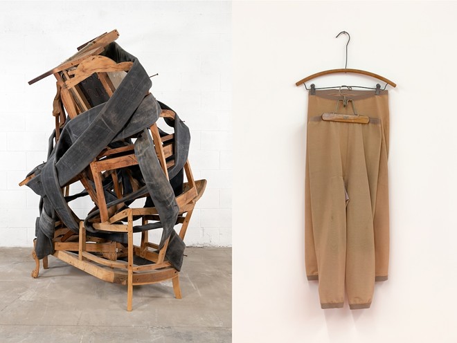 Lonnie Holley, Without Skin, 2023, Fire hose, wooden chairs, and nails, Courtesy of the artist, - BLUM Gallery (LA/NYC/Tokyo), and Edel Assanti Gallery (London). Photo Truett Dietz; Lizzi Bougatsos, The Pillar, 2022. Metal, wood, and burn suits. Courtesy of the artist and James Fuentes Gallery, NY. - c/o MFA St. Pete