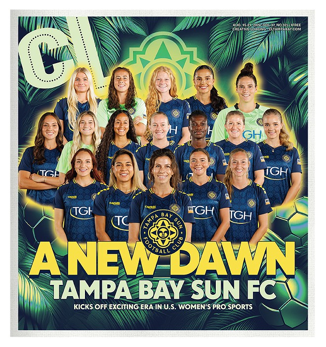 The Aug. 15, 2024 cover of Creative Loafing Tampa Bay. - Photos via Tampa Bay Sun FC/Design by Joe Frontel