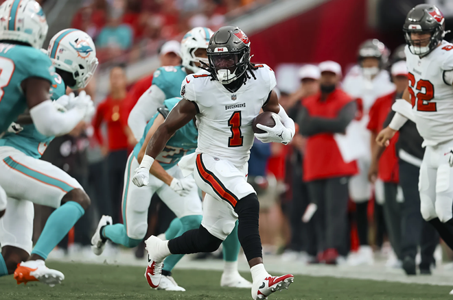 Tampa Bay Buccaneers running back Rachaad White had one touchdown against the Miami Dolphins during a preseason game at Raymond James Stadium in Tampa, Florida on Aug. 23, 2024. - Photo via Tampa Bay Buccaneers