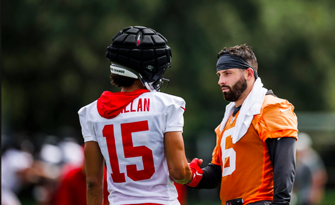 The Bucs’ offense is hot, with Baker Mayfield (R) possibly having the best quarterback performance in the NFL last week and wide receiver Jalen McMillan (L) having a superb opening game in a Bucs uniform. - Photo via Tampa Bay Buccaneers