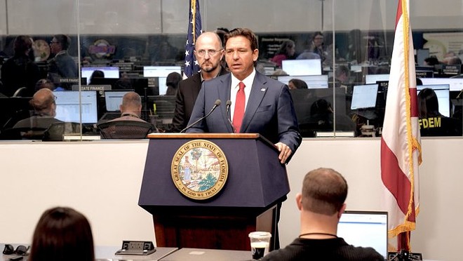 Florida Gov. Ron DeSantis speaks to press Tuesday morning at the state Emergency Operations Center. - Photo via DeSantis/Twitter