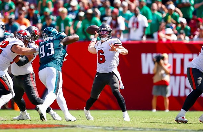 Baker Mayfield finished the game with a 100.2 quarterback rating, as the Tampa Bay Buccaneers beat the Philadelphia Eagles, 33-16 at Raymond James Stadium in Tampa, Florida on Sept. 29, 2024. - Photo via Buccaneers