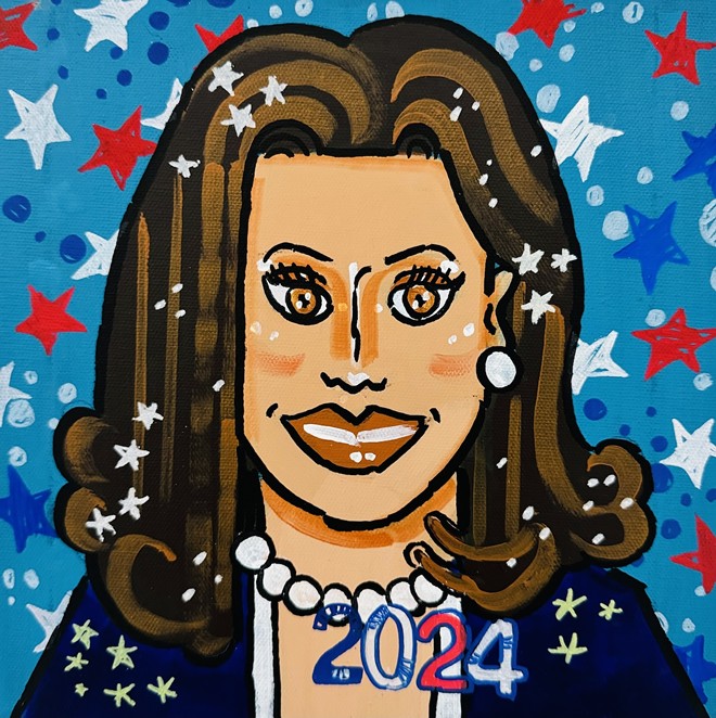 John Gascot's first piece of 2024-election inspired artwork is a positive portrait of a smiling Kamala Harris. - Photo by Jennifer Ring