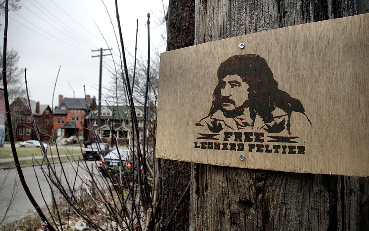 'Free Leonard Peltier' sign in Detroit, Michigan.