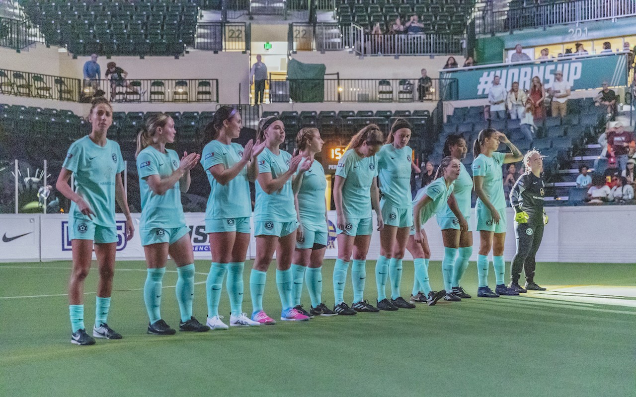 Tampa Bay Strikers women's team before its match against the Columbus Rapids at the Yuengling Center in Tampa, Florida Jan. 29, 2023.