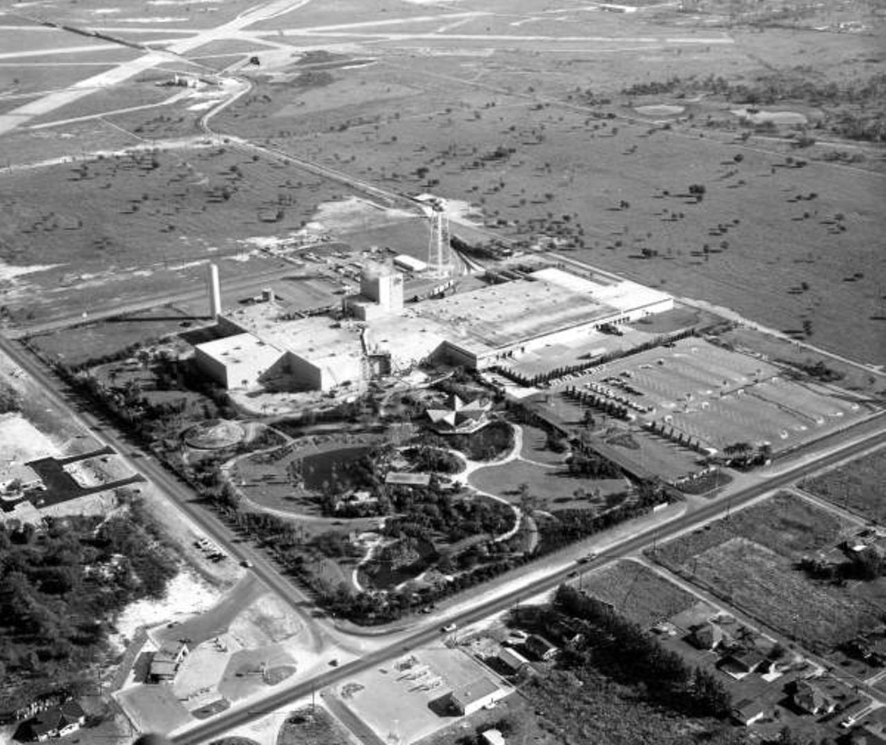 Aerial view overlooking the Busch Gardens amusement park and the Anheuser-Busch, inc. brewery in Tampa, Florida. 1960.