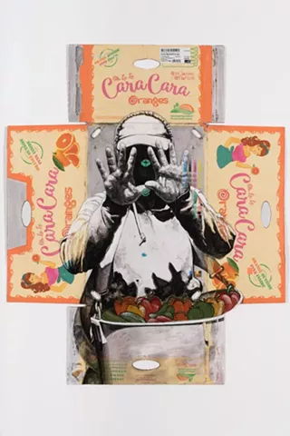 Narsiso Martinez, Cara Cara, 2021. Ink, charcoal gouache, collage, and matte gel on produce cardboard box. 43 x 35 in.