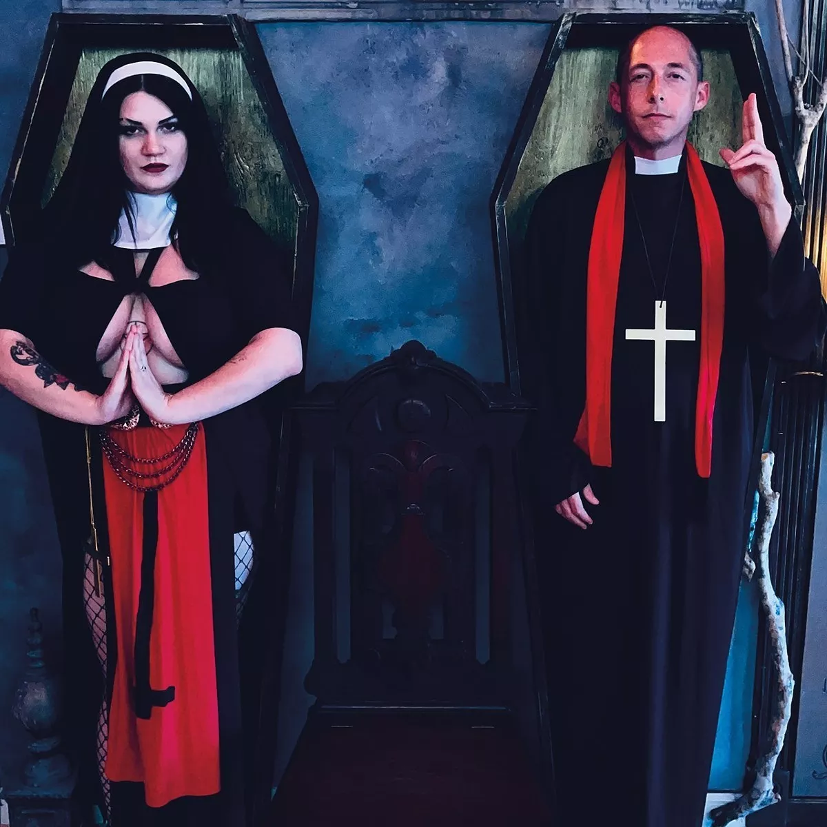 Unholy Comedy Show hosts, tarot readers, and comedians Lauren Gray and Hugh Carey