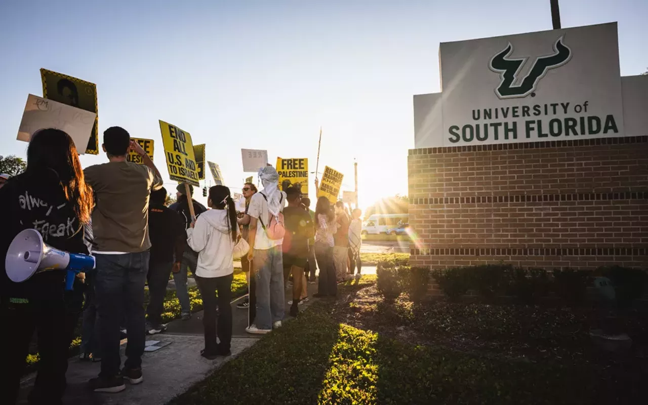 Students demonstrate outside the University of South Florida in Tampa, Florida on March 12, 2025.