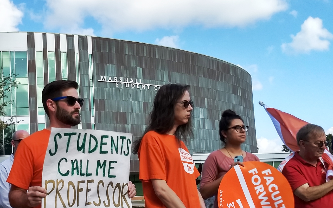 Tara Blackwell (center), an adjunct professor at USF, protests low wages and lack of benefits on campus.