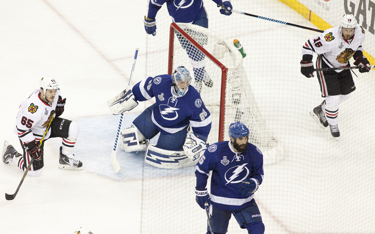Tampa Bay Lightning's Andrei Vasilesvkiy minds the net during Game 2 of the Stanley Cup Final at Amalie Arena.