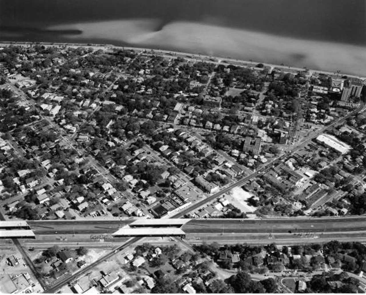 Aerial view looking east over the south portion of the Hyde Park Historic District, 1976