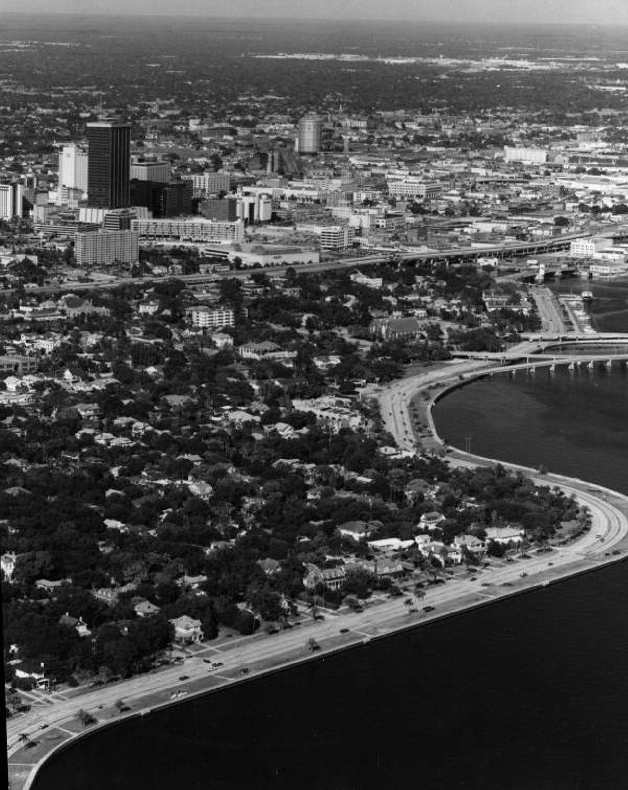 Aerial view overlooking the northeast portion of the Hyde Park Historic District along Bayshore Drive, 1980