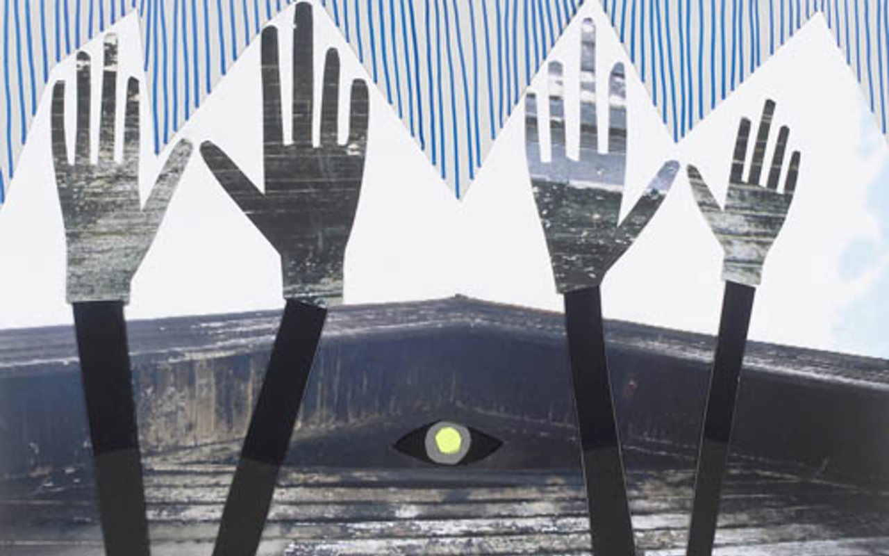 STOP: Collages like "RayzUp" piece together hand and eye forms cut from painted paper and photographs.