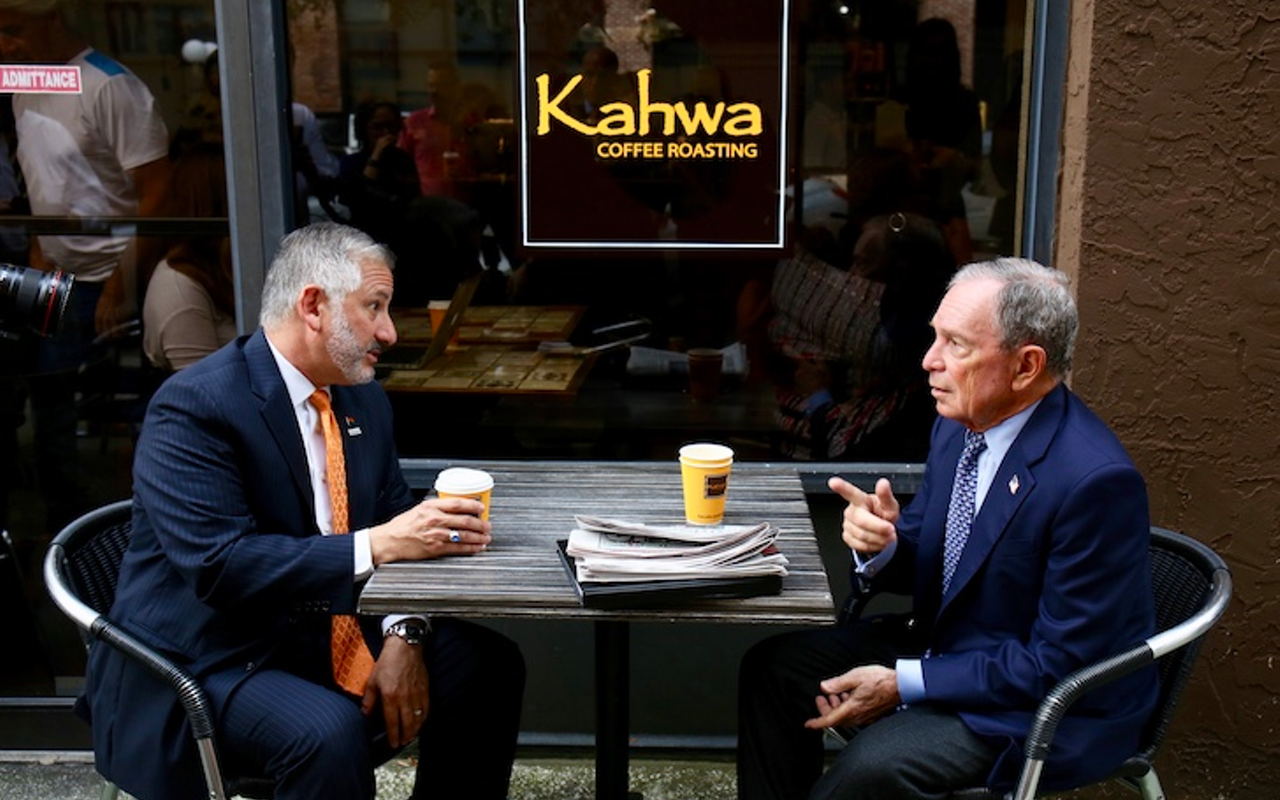 Before announcing St. Petersburg's acceptance in the Bloomberh Climate Challenge, Burg mayor Rick Kriseman and former NYC mayor Michael Bloomberg met for coffee at Kahwa.