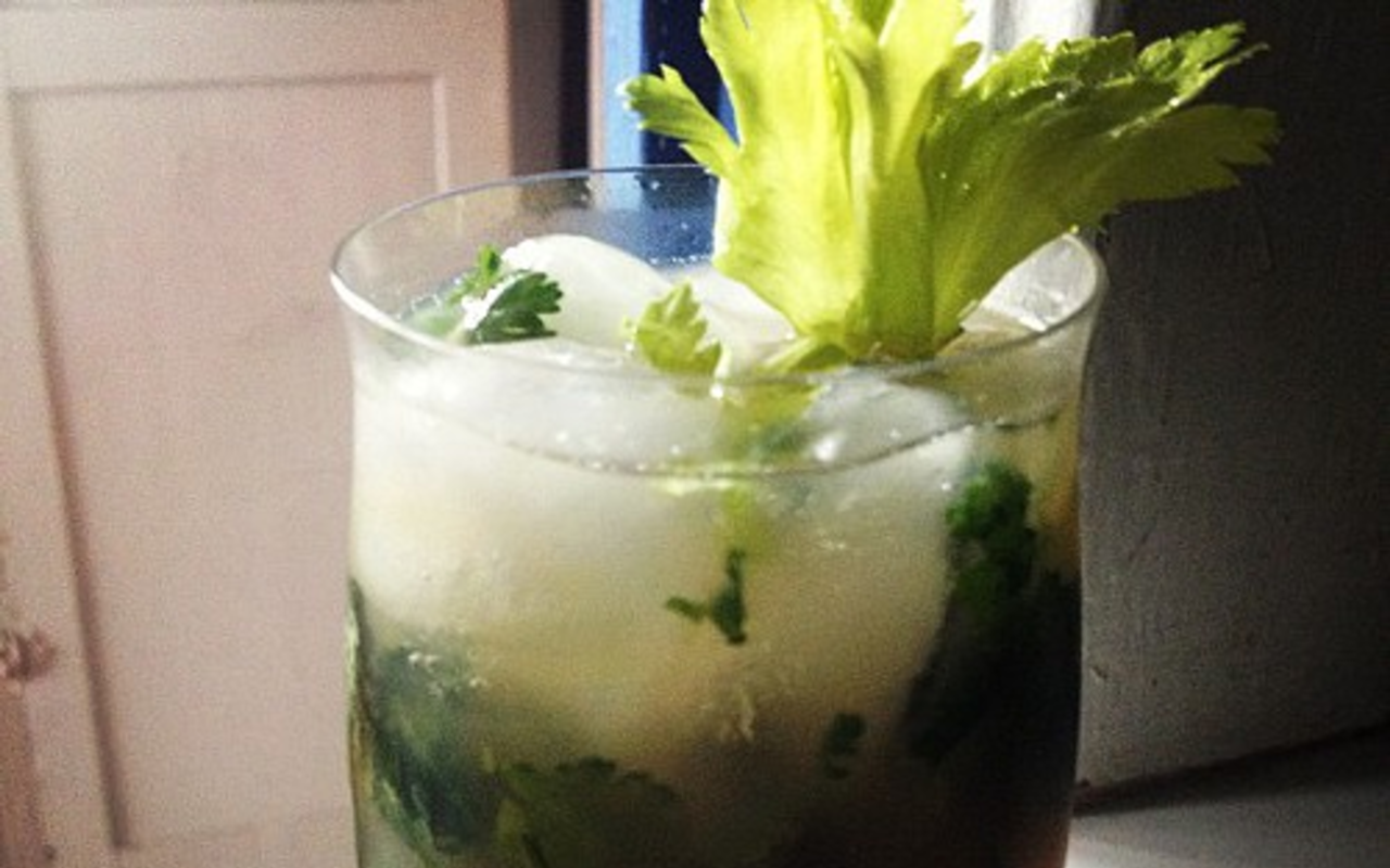 Garden Party cocktail with celery, cilantro, and grapefruit juice.
