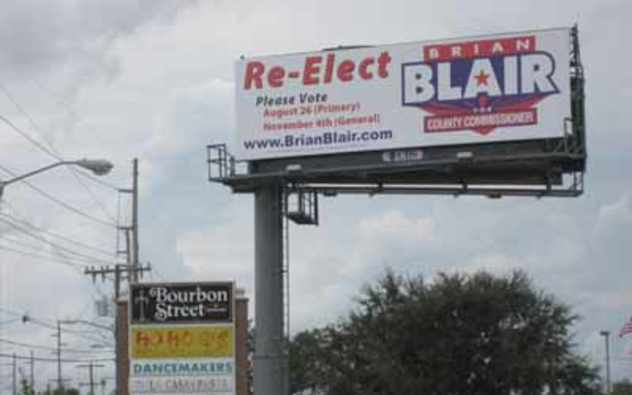 WHO PAID? The sign (in fine print) says the Brian Blair campaign paid for the billboard on Ehrlich Road north of Tampa, but an invoice for it apparently went to a developer supporting Blair's re-election.